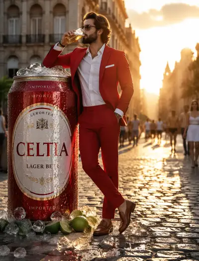 Cinematic golden-hour beer advertisement with giant can