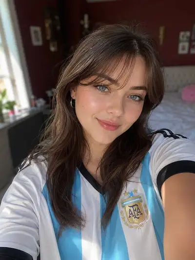 Realistisches Schlafzimmer-Selfie-Porträt mit Argentinien-Trikot