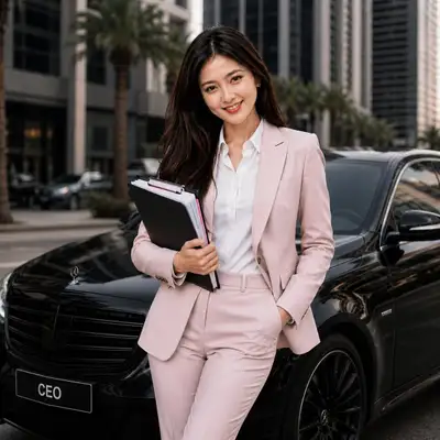 Ultra Realistic Businesswoman by Luxury Sedan