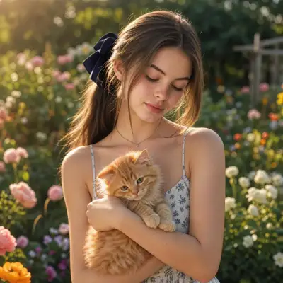 Woman with Kitten in Flower Garden