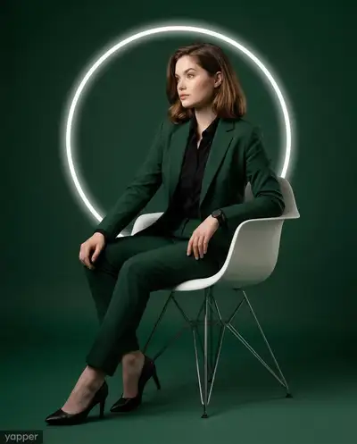 Luxury forest-green suit seated studio portrait