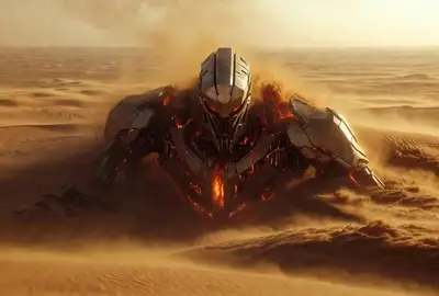Vue du ciel d'un titan-mecha endormi s'éveillant dans les dunes de sable