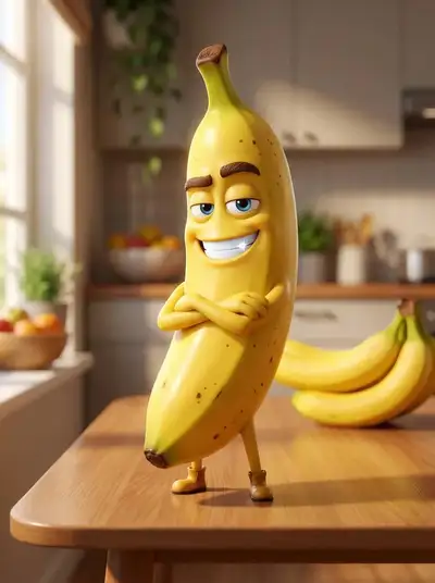 Pixar-style 3D character banana with a charismatic grin