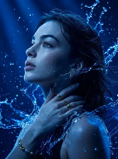 Side-profile portrait wrapped in electric-blue water light