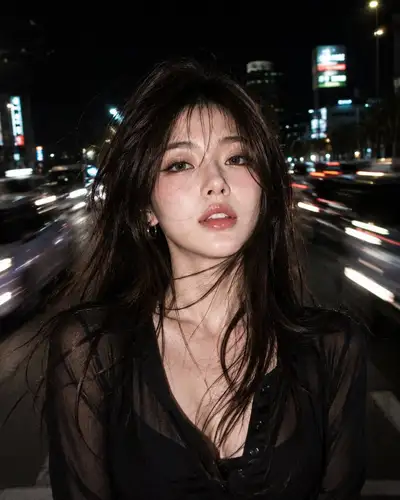 Night street flash portrait with motion blur traffic