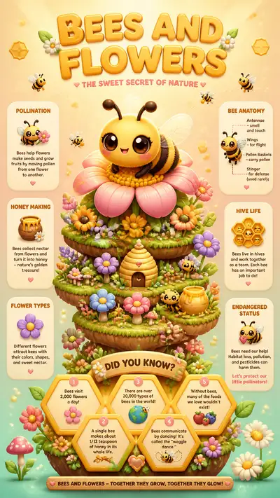 Kawaii chibi infographic poster about bees and flowers