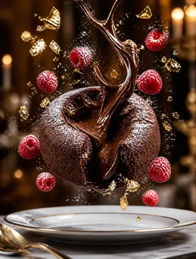 Levitating chocolate lava cake luxury food photography