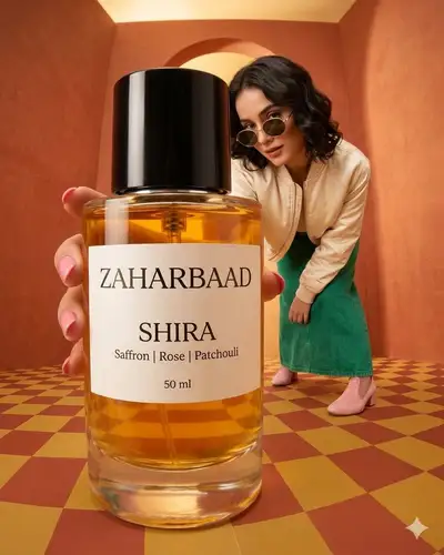 Forced-perspective amber perfume bottle product shot