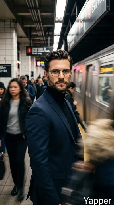 Cinematic subway platform portrait, motion blur crowd