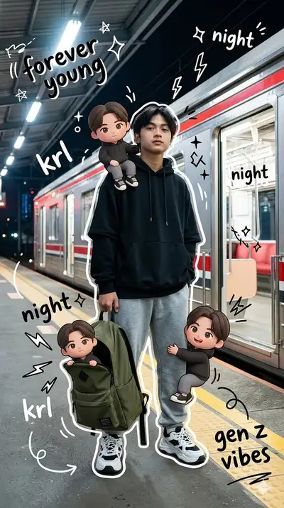 Gen Z Mixed-Media Portrait at Train Station