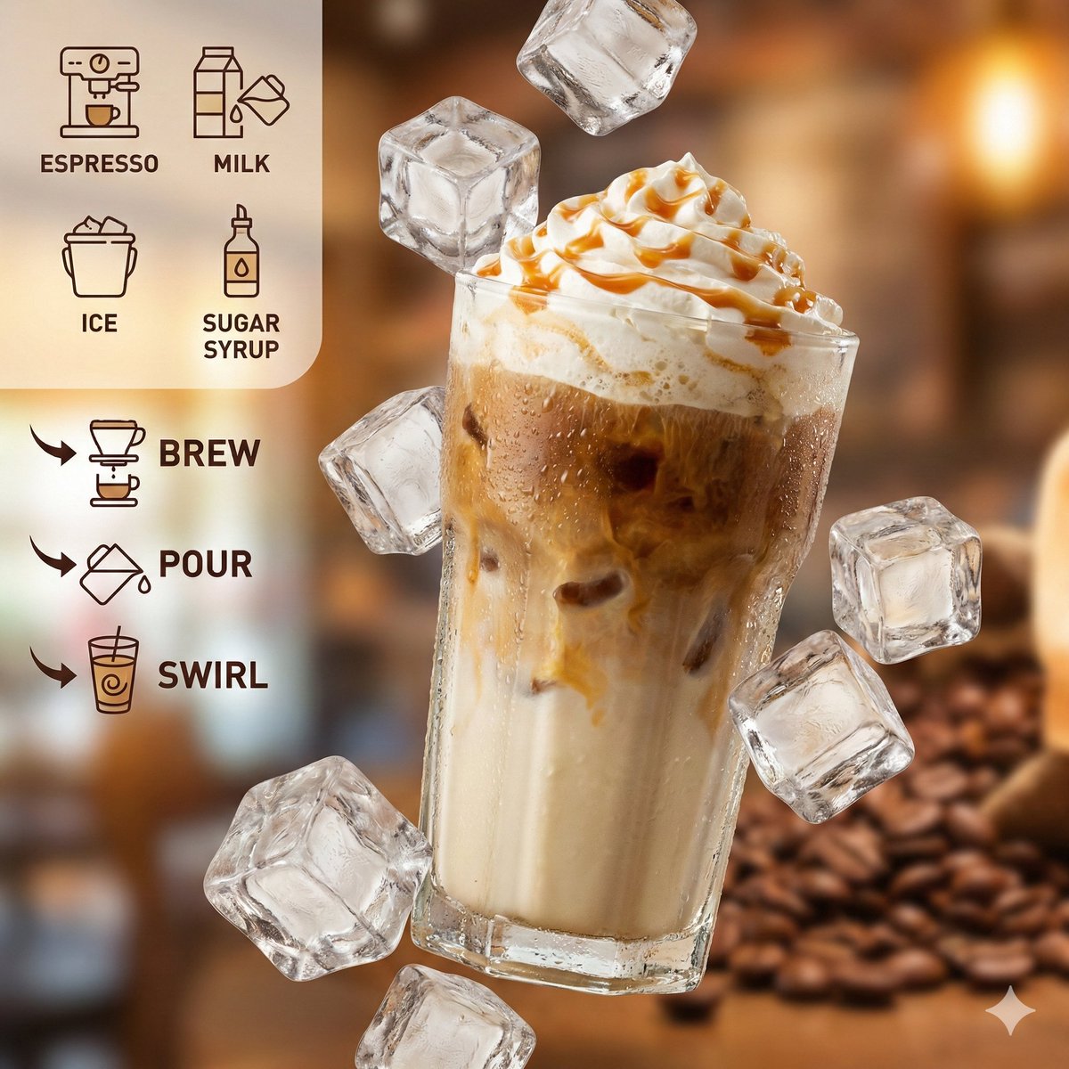 Creamy Iced Latte Product Photography with Floating Elements