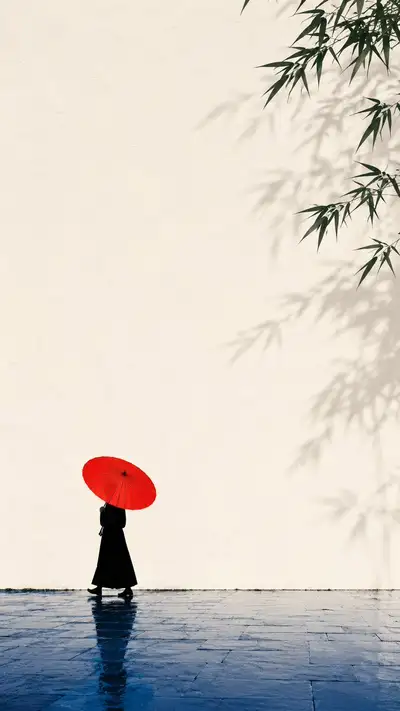 Zen minimalist poster of a silhouette with a red paper umbrella