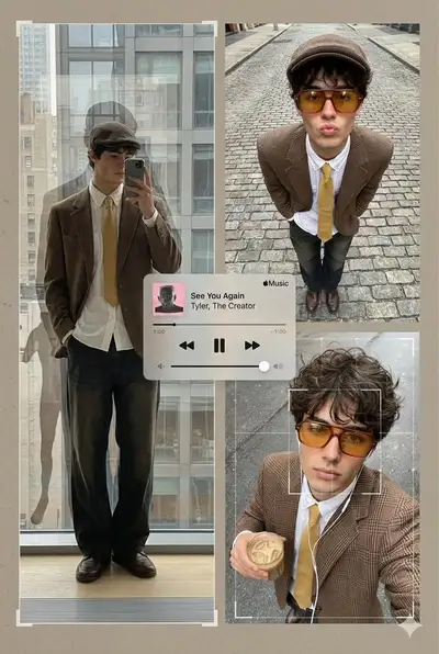 Editorial three-panel collage with a floating music player overlay
