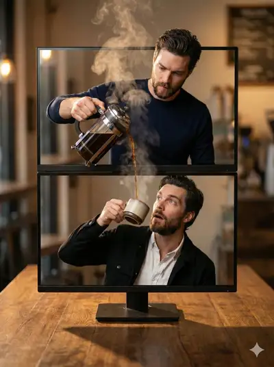 Split-screen coffee pour scene across two stacked monitors