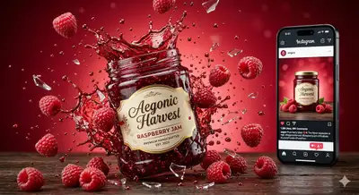 Raspberry jam jar splash advertising prompt (JSON)