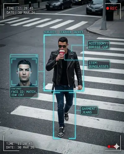Scène de surveillance hyperréaliste d'un passage piéton avec HUD futuriste