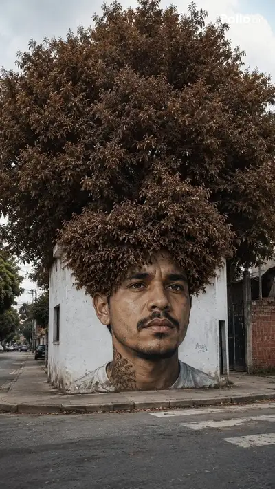 Street mural illusion where a tree becomes hair