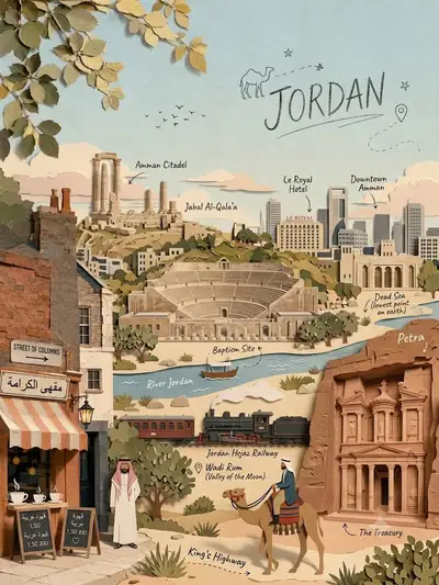 Ilustración de viaje estilo papercraft en capas de un país