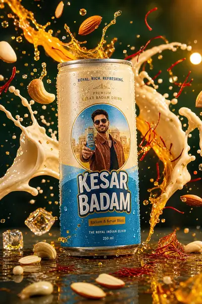Saffron almond drink can with milk splash