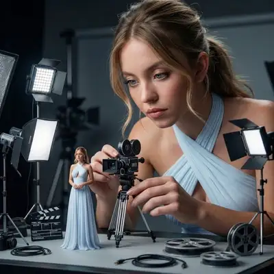 Giant filmmaker adjusting miniature vintage camera scene