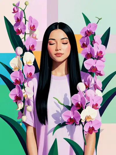 Graphic vector-style illustration of a woman among stylized orchids