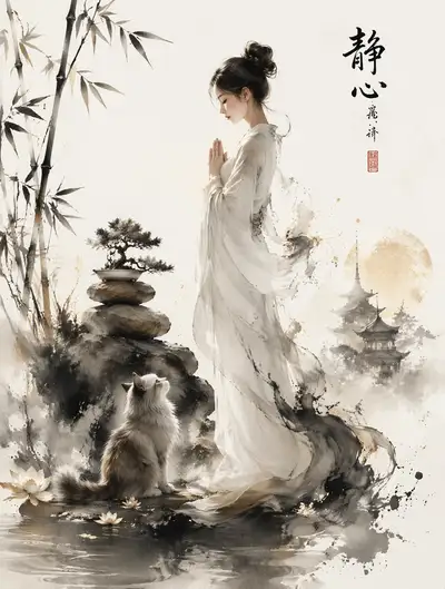 Zen Ink-Wash Illustrations of Meditation, Cats and Pagodas