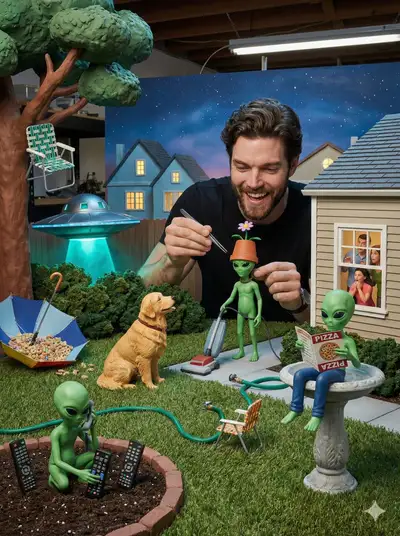 Miniature diorama of an alien misusing everyday backyard objects