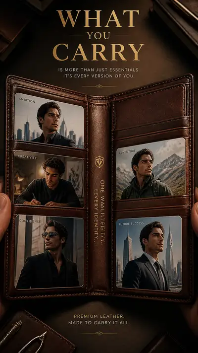 Luxury wallet poster with portraits in every card slot