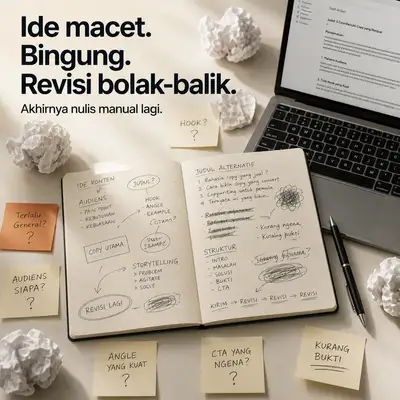 Flat lay of a marketer's messy desk with creative block text