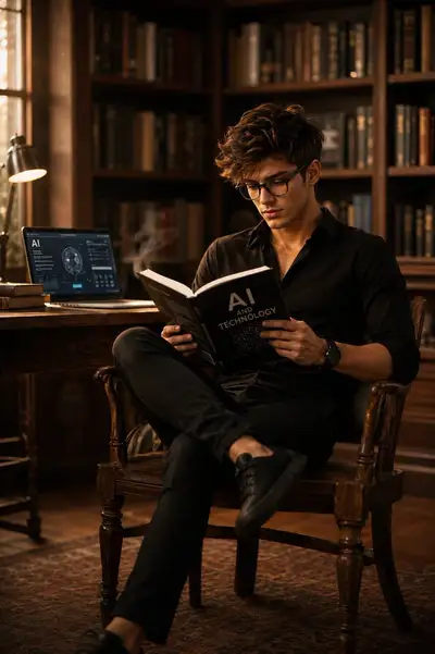 Jeune homme lisant dans une bibliothèque cosy, portrait cinématographique