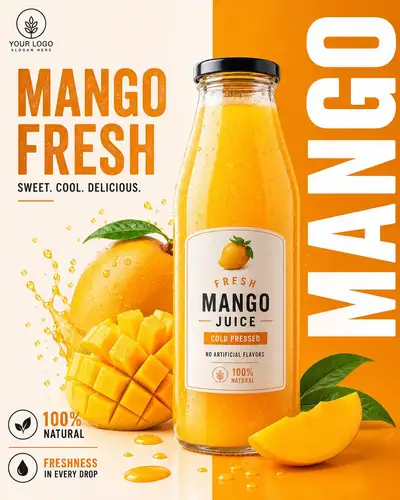Fresh mango juice bottle beverage ad poster JSON prompt