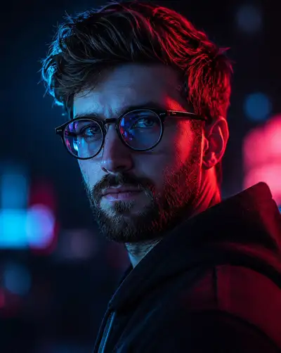 Retrato neon cyberpunk com óculos de sol transparentes