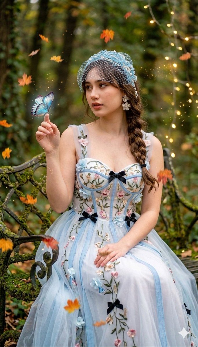 Ethereal cottagecore portrait with a blue butterfly