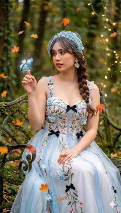 Retrato etéreo cottagecore com uma borboleta azul
