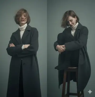 Two-panel moody editorial portrait in oversized wool coat