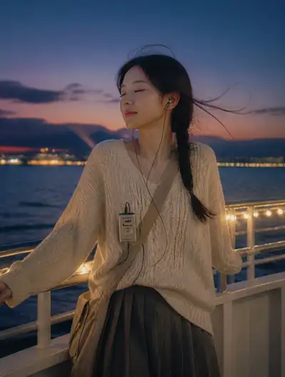 Ghibli style dusk portrait of a woman on a ferry deck