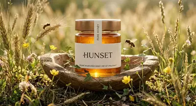 Cinematic honey jar product shot in wheat field