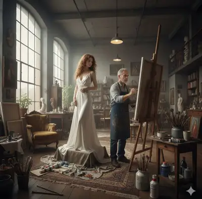 Vintage Art Studio Portrait Painting Scene