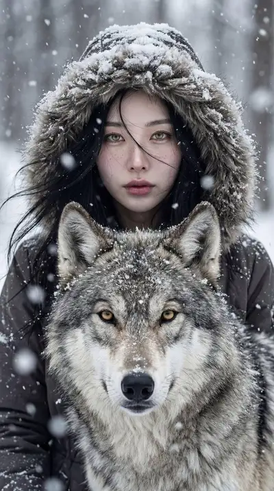 Cinematic winter portrait of a woman bonded with a wolf