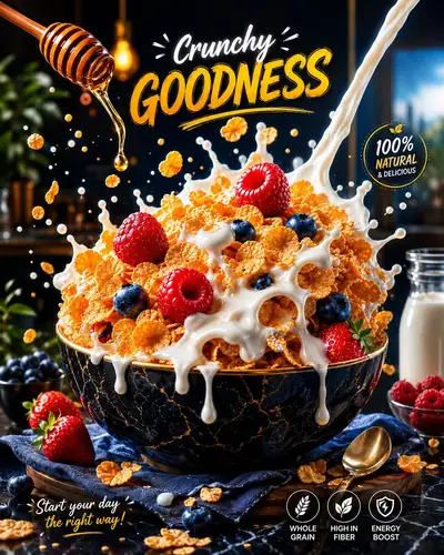 Ultra luxury cinematic cereal explosion food ad