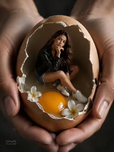Femme miniature à l'intérieur d'un œuf fissuré