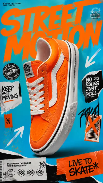 Prompt de Póster de Zapatilla de Skate Naranja Brillante de Streetwear