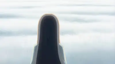 Anime-style closing shot: girl in misty field at sunrise