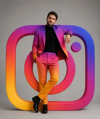 Retrato de moda de luxo encostado em um logo gigante de rede social