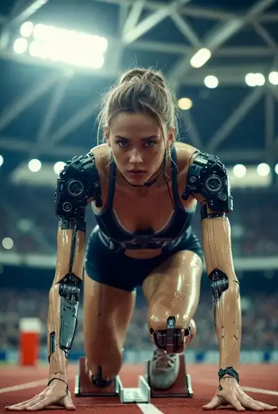 Sprinteur cyborg dans les blocs de départ, scène de stade futuriste