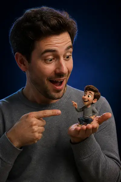Human with tiny Pixar-style cartoon self studio portrait prompt