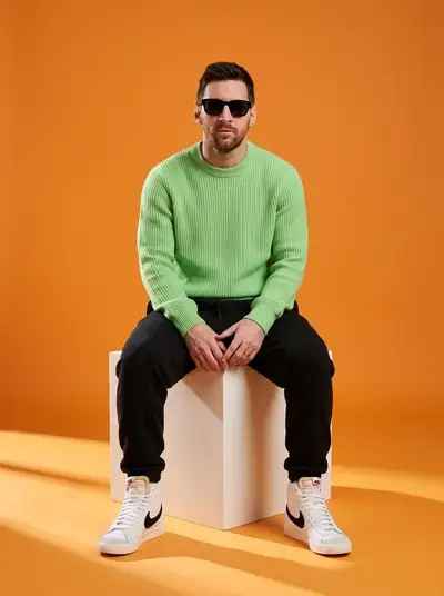 Minimalist studio portrait of a male model in orange backdrop