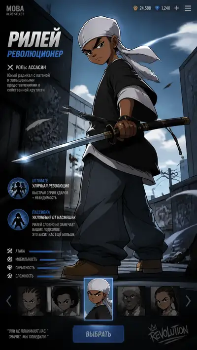 Boondocks-style MOBA hero splash art