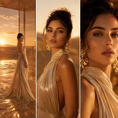 Three-panel desert-glass fashion editorial triptych