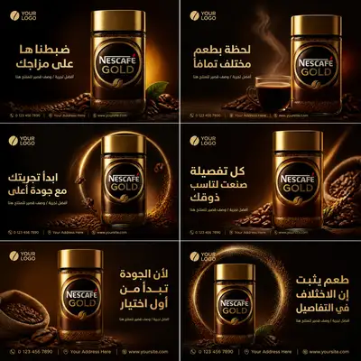 Six-variation coffee product advertising campaign sheet